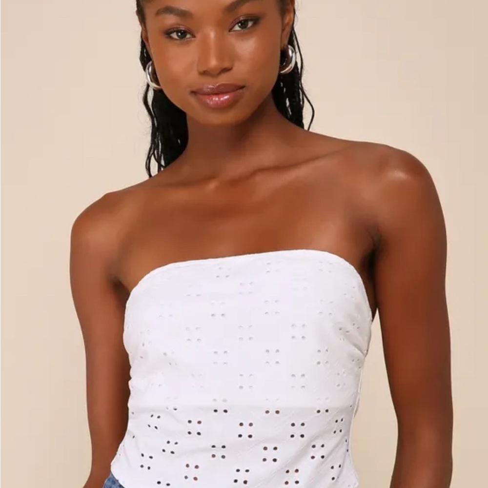 Lulu's Darling Sunshine Ivory Eyelet Strapless Handkerchief Crop Top